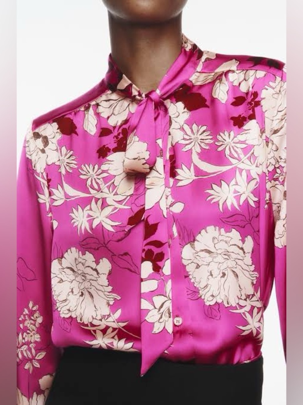 ZARA Fuchsia Floral Silk Effect Tie-Neck Blouse